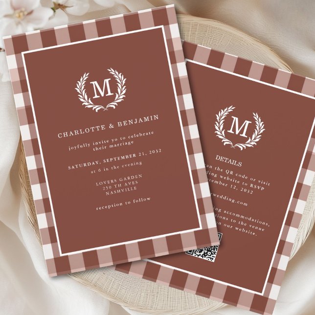 Invitation Code QR En vichy monogramme Brown (Créateur téléchargé)