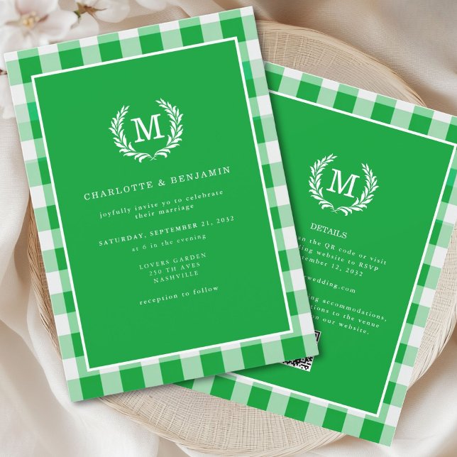 Invitation Code QR En vichy monogramme crête vert (Green Gingham Monogram Crest Invitation with QR Code dor Details, Wedding Website, RSVP.)