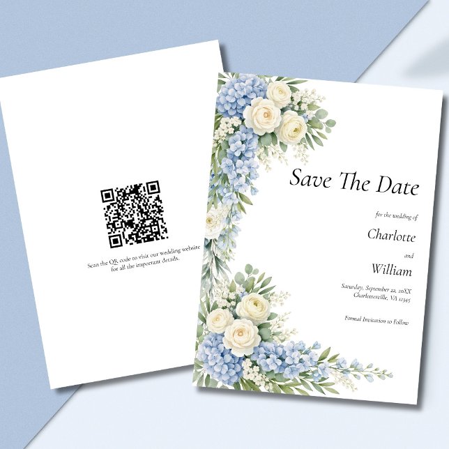 Invitation Code QR Enregistrer La Date De Mariage Fleurs Crèm (Blue cream white watercolor florals Wedding Save the date Card with QR code on back)