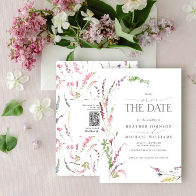 Invitation Code QR Enregistrez la Date Élégant Fleur Sauvage  (Créateur téléchargé)