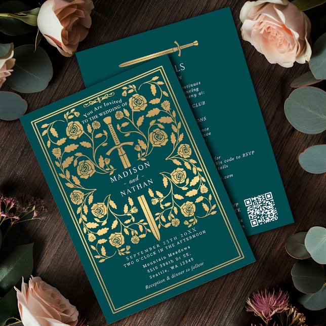 Invitation Code QR Épée Royale Médiévale Or et Sarcelle pour  (Créateur téléchargé)