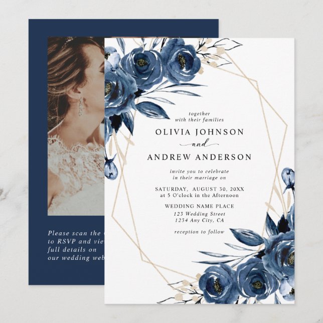 Invitation Code QR et photo de mariage floral géométrique ble (Devant / Derrière)