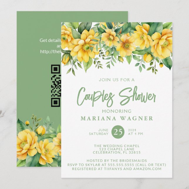 Invitation Code QR Fête de Couple Fleur de Sauge Jaune  (Devant / Derrière)