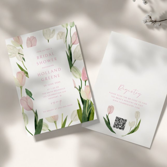 Invitation Code QR Fête de Mariage Tulipe Rose Pâle (Créateur téléchargé)