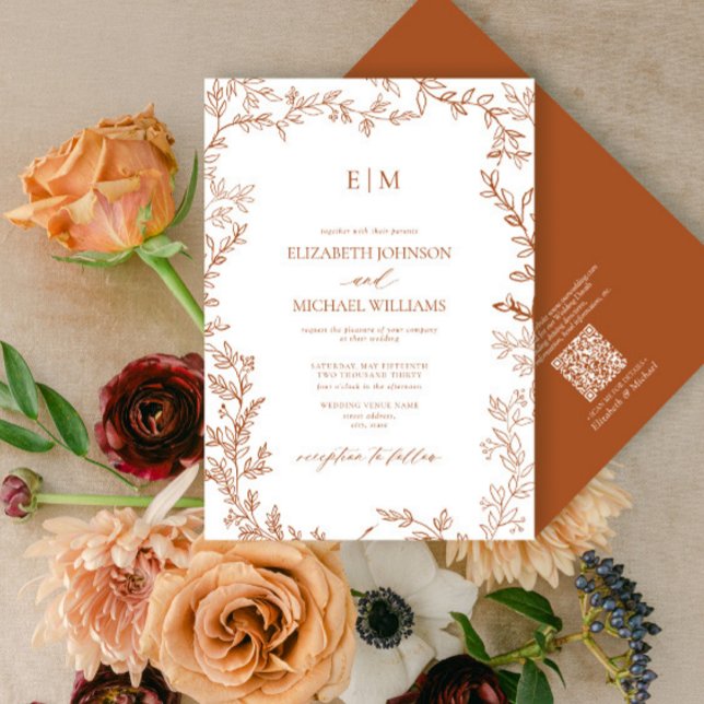 Invitation Code QR Feuille Orange Brûlé Monogramme Élégant Ma (Créateur téléchargé)