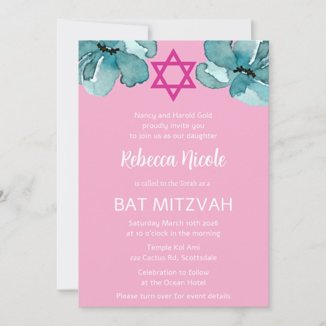 Invitation Code QR Fleur d'aquarelle rose pour Bat Mitzvah (Devant)