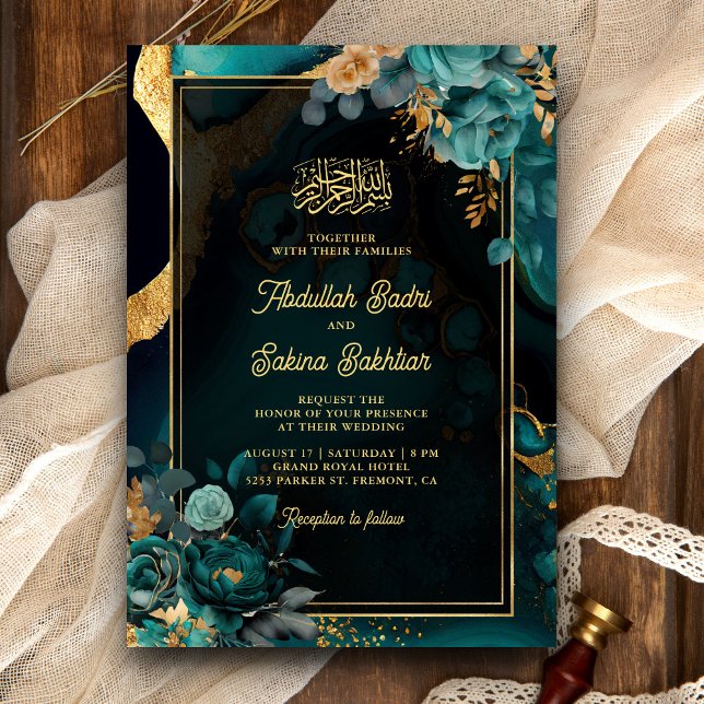 Invitation Code QR Fleur Or Sarcelle Foncé Mariage Musulman (Créateur téléchargé)
