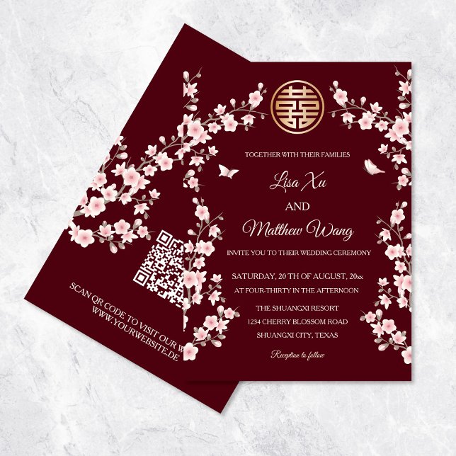 Invitation Code QR Fleur orientale rose Mariage chinois (Créateur téléchargé)