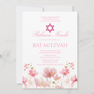 Invitation Code QR Fleur rose aquarelle Bat Mitzvah 