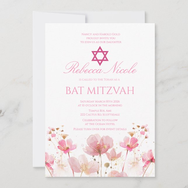 Invitation Code QR Fleur rose aquarelle Bat Mitzvah  (Devant)