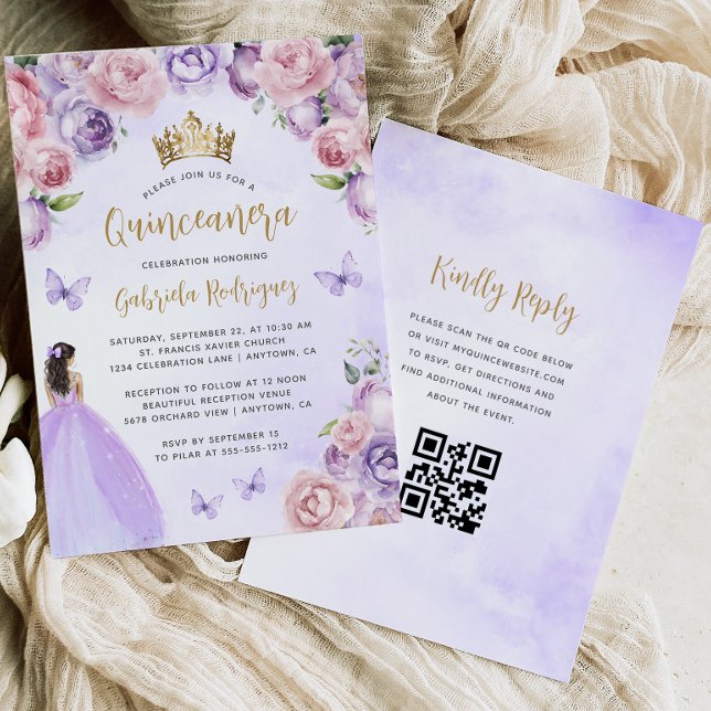 Invitation Code QR Fleur rose violet Or Quinceañera (Créateur téléchargé)