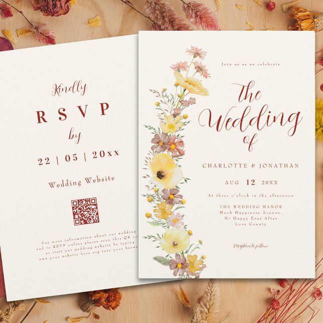 Invitation Code QR Fleur Sauvage Bohème Élégant (Boho chic wildflower fall wedding qr code invitation )