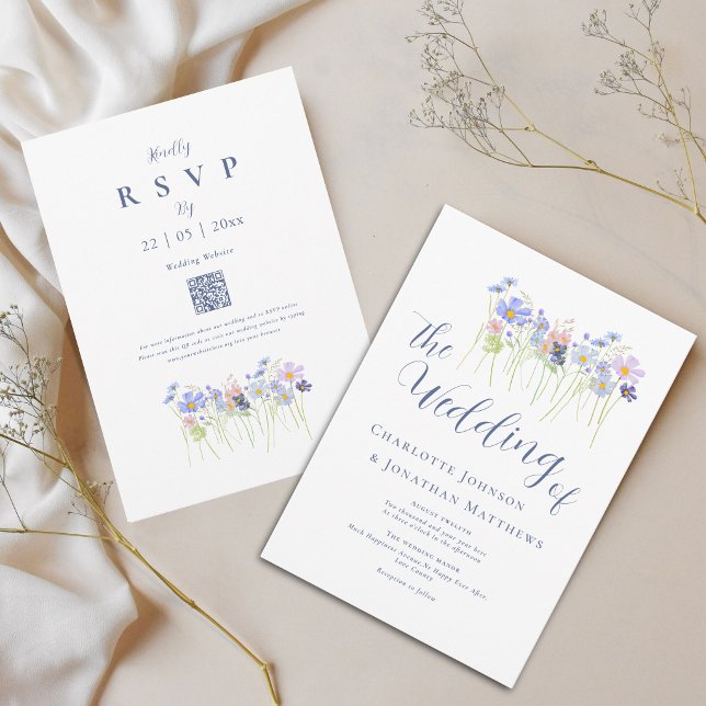 Invitation Code QR Fleur Sauvage Élégante Rose Bleuâtre (Modern wildflower boho watercolor floral blue pink wedding qr code invitation)