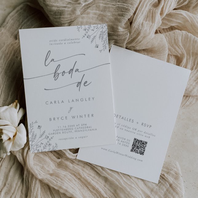 Invitation Code QR Fleur Sauvage Grise Boho Mariage Espagnol (Créateur téléchargé)