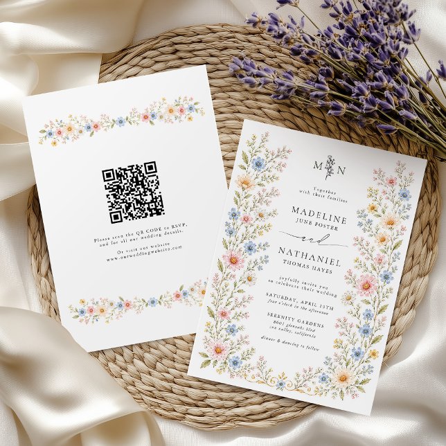 Invitation Code QR Fleurs Aquarelle Mariage Fleur de Champ (Créateur téléchargé)