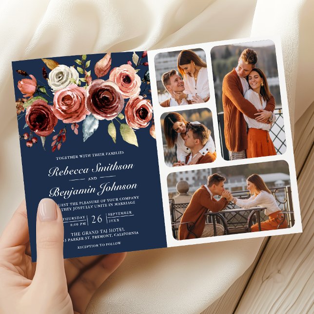 Invitation Code QR Fleurs Aquarelle Terracotta Mariage Bleu M (Créateur téléchargé)