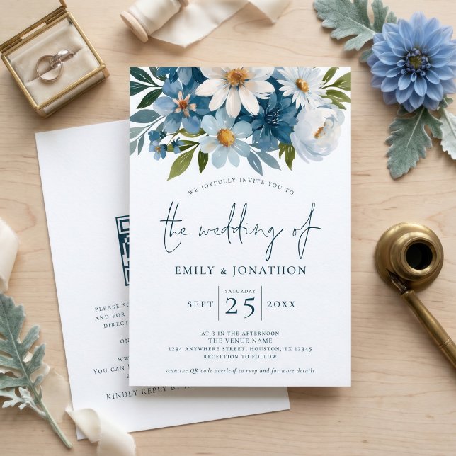 Invitation Code QR Fleurs Bleues Aquarelle Mariage  (Créateur téléchargé)