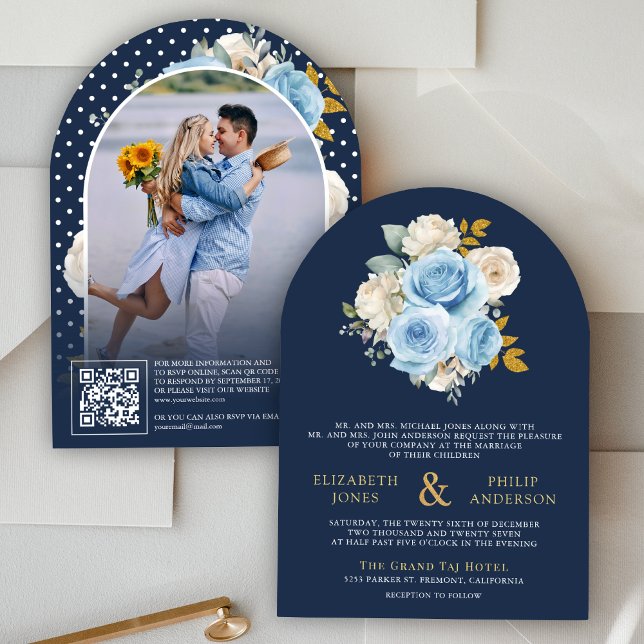 Invitation Code QR Fleurs de Roses en Ivoire Bleu Mariage Nav (Créateur téléchargé)