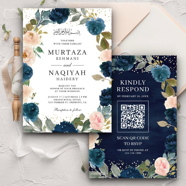 Invitation Code QR Fleurs Mariage Musulman Bleu Nuit et Pêche (Créateur téléchargé)