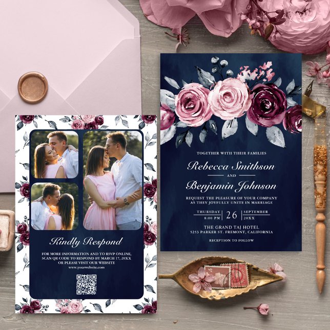 Invitation Code QR Fleurs Rose Poudré Violet Navy Mariage (Créateur téléchargé)