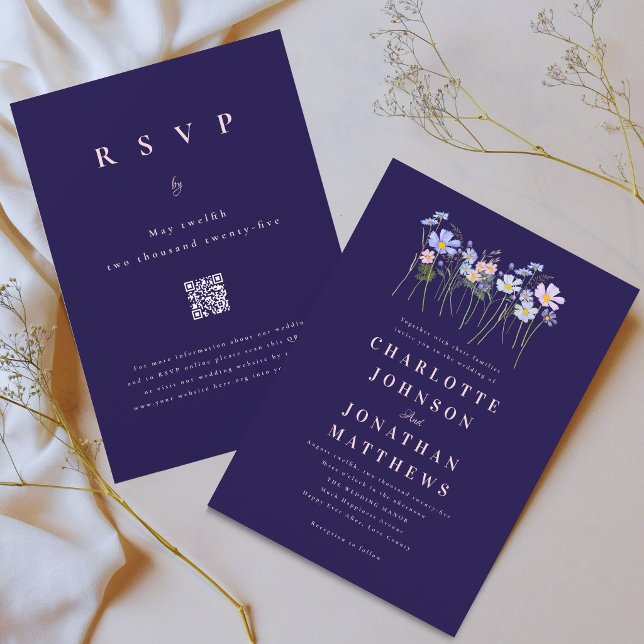 Invitation Code QR Fleurs Sauvages Bleu Marine Rose Mariage (Elegant wildflower meadow watercolor floral navy blue blush pink wedding qr code invitation )
