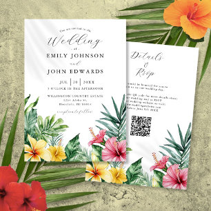 Invitation Code QR Fleurs Tropicales Aquarelle Mariage