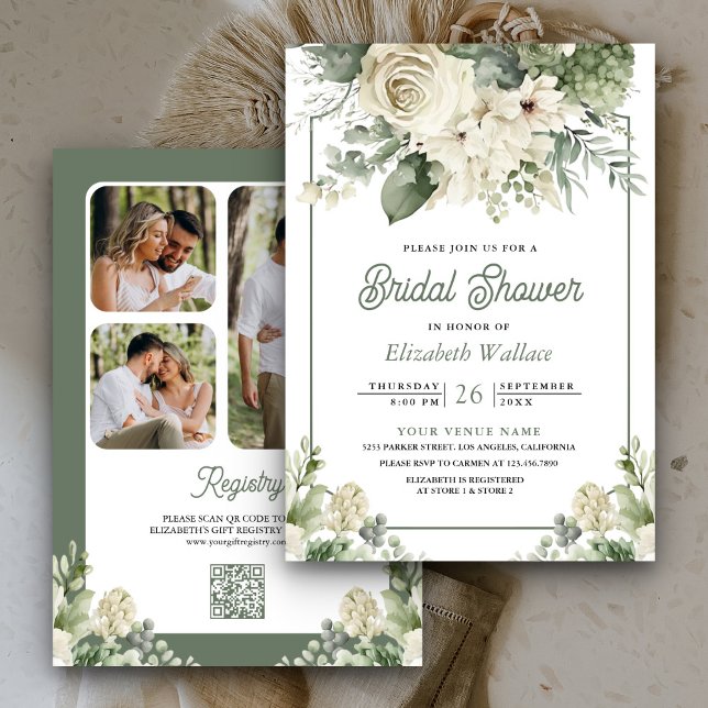 Invitation Code QR Fleurs Vert Ivoire pour Baby Shower Mariag (Créateur téléchargé)