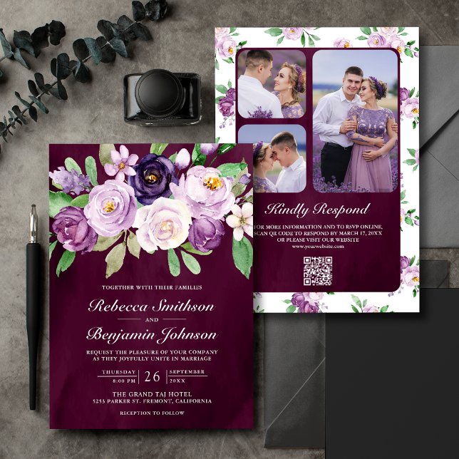 Invitation Code QR Fleurs Violettes Mariage Foncé Plum (Créateur téléchargé)