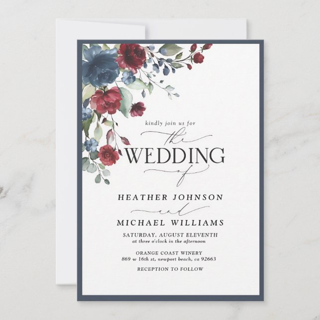 Invitation Code QR floral aquarelle bordeaux marine (Devant)