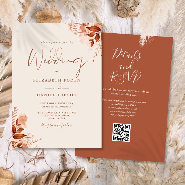 Invitation Code QR Floral Automnal Rustique pour Mariage (Rustic Autumn Fall Floral QR Code Wedding Invitation)
