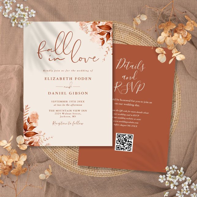 Invitation Code QR Floral Automnal Rustique pour Mariage (Rustic Autumn Fall Floral QR Code Wedding Invitation)