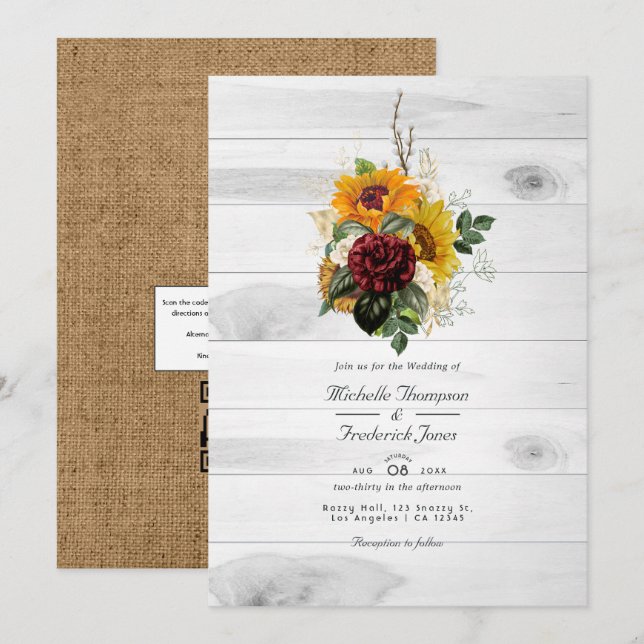Invitation Code QR Floral Automnal Rustique RSVP Mariage Cham (Devant / Derrière)