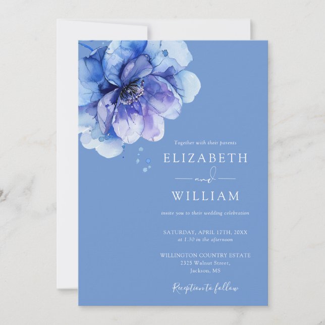 Invitation Code QR floral botanique aquarelle bleue pour mari (Devant)