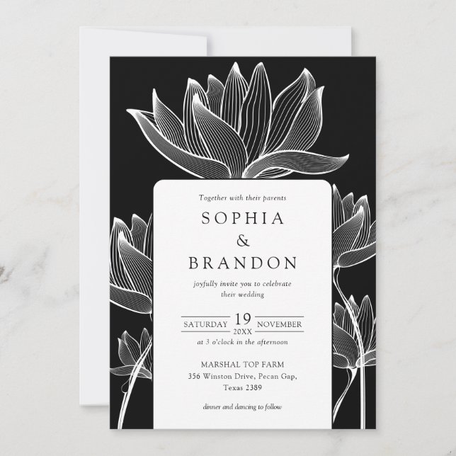 Invitation Code QR floral botanique mariage noir et blanc (Devant)