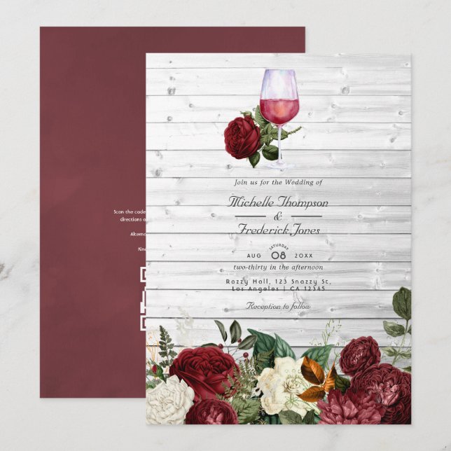 Invitation Code QR Floral Bourgogne RSVP Dégustation de Vin M (Devant / Derrière)