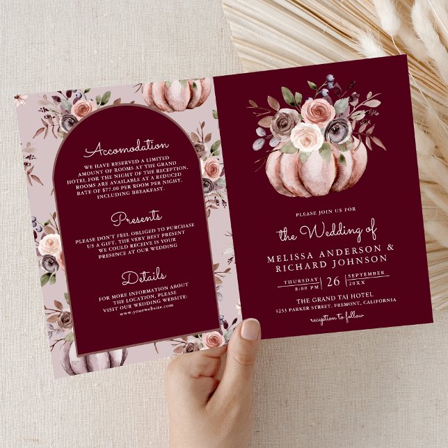 Invitation Code QR Floral Citrouille Neutre Mariage Bourgogne (Créateur téléchargé)
