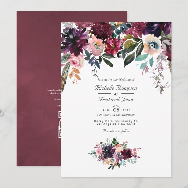 Invitation Code QR floral couleur vin de Bordeaux Mariage jar (Devant / Derrière)