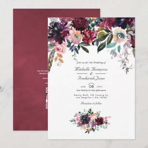 Invitation Code QR floral couleur vin de Bordeaux Mariage jar