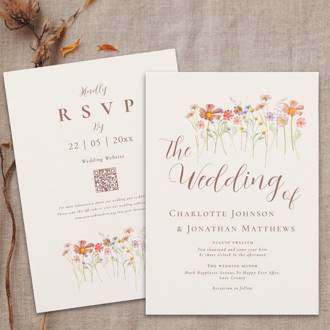 Invitation Code QR Floral de Fleurs Sauvages Bohème d'Automne (Boho fall wildflower floral wedding qr code invitation Watercolor garden meadow flowers elegant )