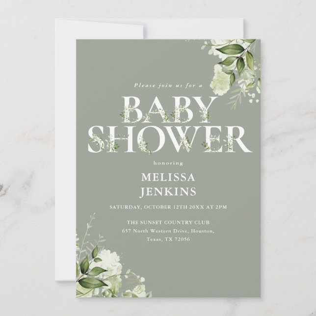 Invitation Code QR floral de la verdure sage pour Baby Shower (Devant)