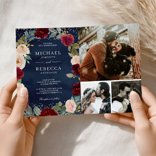 Invitation Code QR Floral de pêche de Bourgogne Mariage bleu 