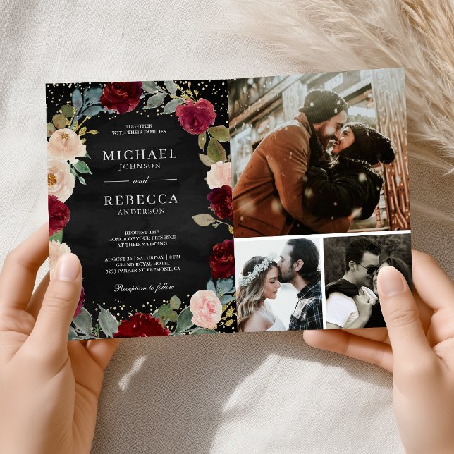 Invitation Code QR Floral de pêche de Bourgogne Mariage Noir (Créateur téléchargé)