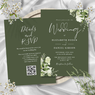 Invitation Code QR floral de verdure vert olive pour mariage