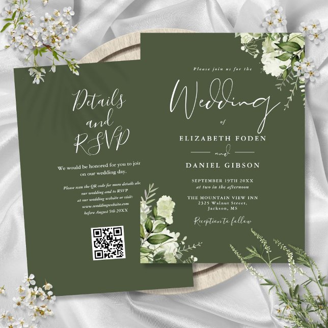 Invitation Code QR floral de verdure vert olive pour mariage (Olive Green Greenery Floral QR Code Wedding Invitation)