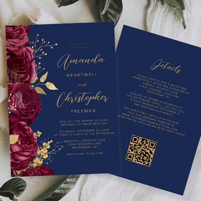 Invitation Code QR Floral Doré Bourgogne Mariage (Créateur téléchargé)
