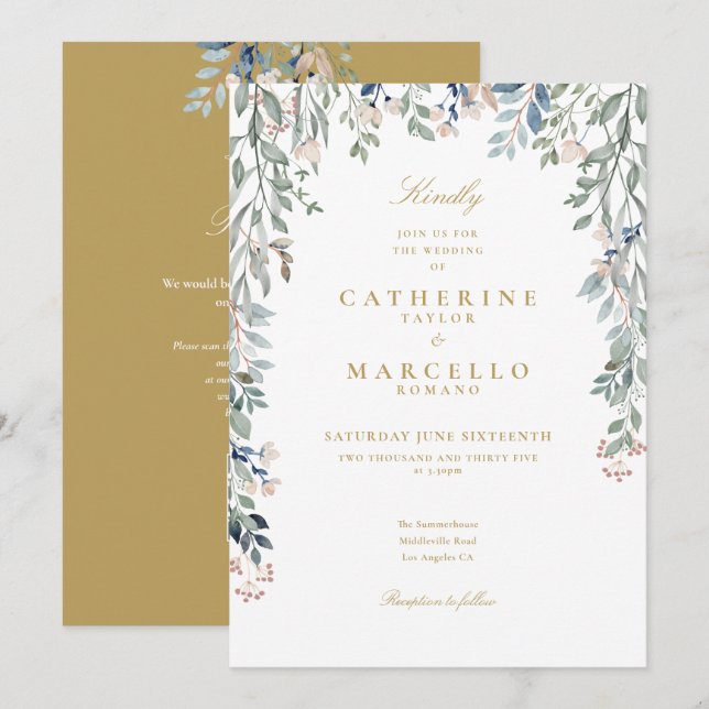 Invitation Code QR Floral Fleurs des Champs Mariage Or (Devant / Derrière)