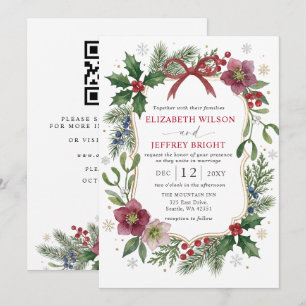 Invitation Code QR Floral Hiver Noël Mariage Ruban Rouge