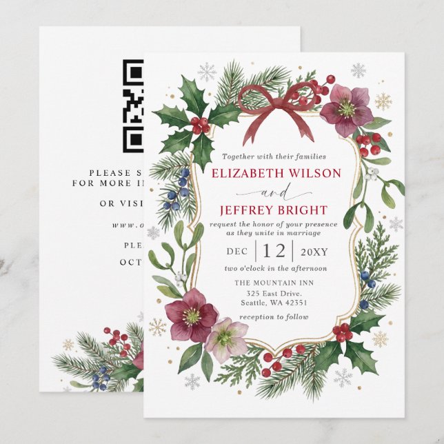 Invitation Code QR Floral Hiver Noël Mariage Ruban Rouge (Devant / Derrière)