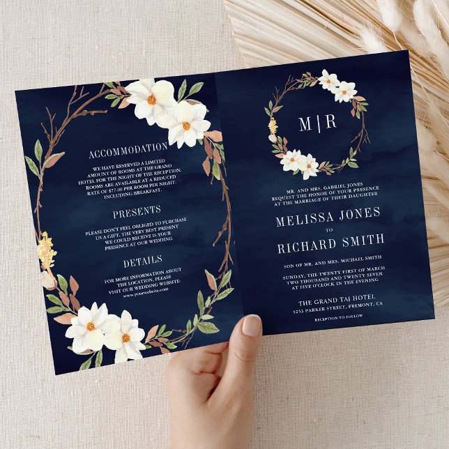 Invitation Code QR Floral Magnolia Blanc Rustique Mariage Nav (Créateur téléchargé)