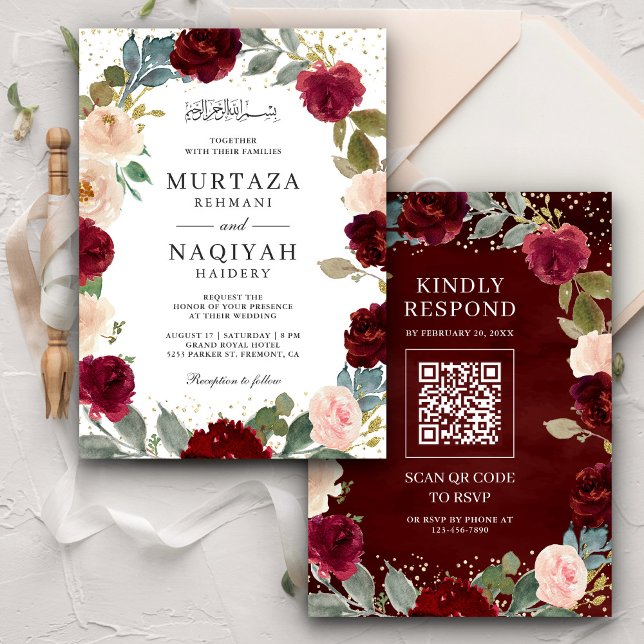 Invitation Code QR Floral Mariage Musulman Bourguignon Peach (Créateur téléchargé)